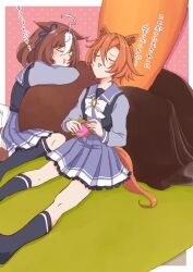  2girls :> ahoge animal_ears black_socks blush border bow brown_hair carrot_hamburger_steak closed_eyes commentary_request crown hair_between_eyes hairband highres holding holding_crown horse_ears horse_girl horse_tail kneehighs long_sleeves meisho_doto_(umamusume) mini_crown multicolored_hair multiple_girls orange_hair parted_lips pink_background pink_hairband pleated_skirt polka_dot polka_dot_background puffy_long_sleeves puffy_sleeves purple_shirt purple_skirt school_uniform shirt sitting skirt socks t.m._opera_o_(umamusume) tail tracen_school_uniform translation_request triangular_headpiece two-tone_hair umamusume unworn_crown usako_(umauma0602) white_border white_bow white_hair 
