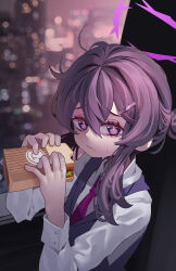  1girl absurdres black_vest blue_archive blurry blurry_background closed_mouth collared_shirt crumbs double-parted_bangs eating food hair_between_eyes hair_ornament hairclip halo haruka_(blue_archive) haruka_(suit)_(blue_archive) highres holding holding_food holding_sandwich jeongdang_geolae long_sleeves looking_at_viewer necktie ponytail purple_hair purple_halo purple_necktie sandwich shirt solo sweat upper_body vest violet_eyes white_shirt 