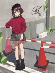  1girl absurdres black_hat black_shoes black_socks brown_hair commentary english_commentary girls_band_cry hat highres iseri_nina low_twintails pleated_skirt pyruvate red_shirt shirt shoes short_hair short_twintails skirt socks solo traffic_cone twintails 