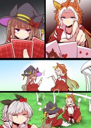  3girls animal_ears black_hairband black_hat blue_eyes bow braid brown_hair clenched_teeth commentary curren_chan_(umamusume) ear_covers hair_bow hairband hat highres horse_ears horse_girl horse_tail jacket long_hair multicolored_hair multiple_girls open_clothes open_jacket open_mouth orange_hair orfevre_(umamusume) pants playing_card_game playing_games red_bow red_jacket red_pants red_shoes shaded_face shirt shoes short_hair sneakers sweep_tosho_(umamusume) tail teeth tracen_training_uniform twintails two-tone_hair umamusume violet_eyes white_hair white_shirt witch_hat yonedatomo_mizu 
