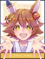  +_+ 1girl animal_ears blush clover_hair_ornament collarbone commentary_request daruma_doll daruma_doll_hair_ornament ear_covers flipped_hair four-leaf_clover_hair_ornament hair_between_eyes hair_ornament horse_ears horse_girl looking_at_viewer matikanefukukitaru_(umamusume) open_mouth orange_hair outstretched_arms portrait purple_shirt reaching reaching_towards_viewer sailor_collar sailor_shirt school_uniform shirt short_hair single_ear_cover smile solo tracen_school_uniform umamusume white_sailor_collar y_kuroki 