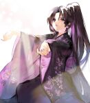  1girl bangs black_hair closed_mouth earrings floral_print furisode gem highres japanese_clothes jewelry kimono long_hair looking_at_viewer nail_polish obi original outstretched_arms parted_bangs ponytail purple_gemstone purple_hair purple_kimono purple_nails purple_theme sash seiza sitting solo sunlight surusuru very_long_hair violet_eyes white_background 