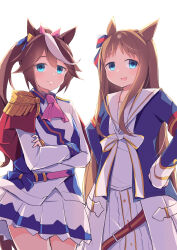  2girls absurdres animal_ears ascot blue_eyes blue_jacket blush bow brown_hair buttons cape closed_mouth commentary_request double-breasted dress ear_bow ear_ribbon epaulettes grass_wonder_(stone-piercing_blue)_(umamusume) grass_wonder_(umamusume) hair_between_eyes high_ponytail highres horse_ears horse_girl horse_tail jacket kanzakietc long_hair long_sleeves multicolored_hair multicolored_jacket multiple_girls open_mouth pink_ascot ponytail red_cape sailor_collar simple_background single_epaulette skirt streaked_hair tail tokai_teio_(peak_joy)_(umamusume) tokai_teio_(umamusume) two-tone_hair two-tone_jacket two-tone_skirt umamusume white_background white_dress white_hair white_jacket white_sailor_collar white_skirt 