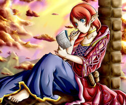  1girl against_pillar barefoot blue_dress blue_eyes braid collarbone commentary dress earrings english_commentary full_body highres holding holding_paper hood hood_down hooded_robe jewelry kyonne long_hair merlina_(sonic) neck_ring paper pen_to_mouth pointy_ears pouch red_hair red_robe ring robe single_braid sitting solo sonic_(series) sonic_and_the_black_knight sudoku wide_sleeves 