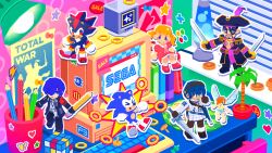  >_< 2girls 5boys black_coat black_hat black_jacket blonde_hair blue_eyes blue_hair book captain_majima chair character_request chest_tattoo coat coin computer_keyboard computer_mouse copyright_name copyright_request crt cutlass desk dual_wielding eyepatch fairy gallica_(metaphor:_refantazio) hair_over_one_eye hat heterochromia highres holding holding_pencil indoors jacket lava_lamp logo low_poly majima_goro metaphor:_refantazio mousepad_(object) multiple_boys multiple_girls official_art open_clothes open_jacket outline pencil persona persona_3 persona_3_reload pirate_costume pirate_hat protagonist_(metaphor:_refantazio) ring_(sonic) rubik's_cube ryuu_ga_gotoku_(series) ryuu_ga_gotoku_8_gaiden sega shadow_the_hedgehog short_hair short_twintails sonic_(series) sonic_the_hedgehog sticker sword tattoo thumbtack total_war twintails violet_(violxiv) weapon white_coat white_outline yellow_eyes yuuki_makoto_(persona_3) 