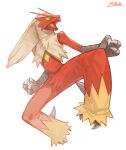  blaziken claws colored_sclera commentary_request full_body green_eyes open_mouth oyasuminjyutsu pokemon pokemon_(creature) simple_background solo tongue white_background yellow_sclera 