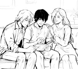  1girl 2boys adoptive_siblings blush book brothers collared_shirt commentary couple crop_top earrings english_commentary flower greyscale hand_on_another's_shoulder holding holding_book husband_and_wife indoors jewelry messy_hair monochrome multiple_boys naruto:_the_last naruto_(series) naruto_shippuuden nxctern reading sai_(naruto) shin_(naruto) shirt siblings skirt sweater t-shirt yamanaka_ino 