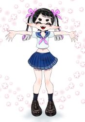  1girl black_hair callie_(splatoon) closed_eyes highres koharu2.5 long_hair mole mole_under_eye open_mouth outstretched_arms school_uniform shadow splatoon_(series) tentacle_hair twintails white_background 