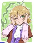  1girl bangs black_shirt blonde_hair blush breasts brown_shirt closed_mouth commentary_request green_eyes half_updo hands_on_own_face looking_at_viewer mizuhashi_parsee one_eye_closed pointy_ears scarf shio_(futatsumami) shirt short_hair short_ponytail short_sleeves small_breasts smile solo touhou trembling undershirt upper_body white_scarf 
