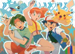  1girl 2boys aqua_shirt arm_up armpits ash_ketchum bare_legs baseball_cap belt black_hair black_shirt blue_eyes blue_jacket blue_pants blue_shorts commentary denim denim_shorts feet_out_of_frame fingerless_gloves gloves green_gloves green_hair hair_between_eyes hair_intakes hat headband high_side_ponytail highres holding holding_notebook holding_pencil holding_poke_ball jacket jeans lapras leg_up light_blush looking_at_viewer midriff misty_(pokemon) multiple_boys navel notebook open_clothes open_jacket open_mouth orange_hair pants parted_bangs pencil pikachu poke_ball pokemon pokemon_(anime) pokemon_(classic_anime) pokemon_(creature) red_shoes red_shorts shirt shoes short_hair shorts side_ponytail star_(symbol) suspenders symbol-only_commentary tank_top togepi tracey_sketchit umebosibakari2 yellow_tank_top 