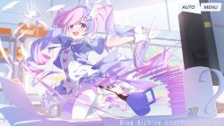  1girl absurdres blue_archive blue_hair bow bowtie clothes_lift coffee coffee_mug commentary_request copyright_name cropped_jacket cup drill_hair full_body gloves hair_ornament highres indoors jacket kneeling layered_skirt long_hair looking_at_viewer magical_girl mary_janes mug multicolored_hair multicolored_skirt open_mouth outstretched_arms pantyhose paper partial_commentary pink_bow pink_hair pink_shoes purple_bow purple_bowtie purple_jacket reisa_(blue_archive) reisa_(magical)_(blue_archive) shirt shoes skirt skirt_lift smile solo sparkle spice_mega spread_arms star_(symbol) star_hair_ornament striped_clothes striped_pantyhose twin_drills twintails two-tone_hair v-shaped_eyebrows very_long_hair violet_eyes white_gloves white_shirt wind wind_lift 