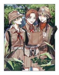  3girls binoculars border braid braided_ponytail commentary double_bun dreadlocks ermes_costello foo_fighters_(jojo) green_eyes green_hair hair_bun holding holding_map jojo_no_kimyou_na_bouken kujo_jolyne long_hair map masakenme multicolored_hair multiple_girls short_hair stone_ocean sweat two-tone_hair white_border 