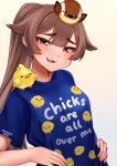  1girl :3 animal_on_head bird bird_on_head blue_shirt blush breasts brown_eyes brown_hair chick_on_shoulder clothes_writing dated fingernails head_tilt highres looking_at_viewer on_head original ponytail print_shirt shirt short_sleeves signature simple_background small_breasts smile smug solo temachii temachii_(character) white_background 