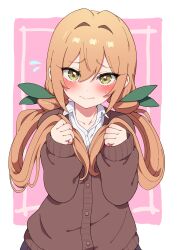  1girl absurdres blush border brown_cardigan cardigan closed_mouth collared_shirt commentary_request flying_sweatdrops harurukan highres holding holding_own_hair inda_karane kimi_no_koto_ga_dai_dai_dai_dai_daisuki_na_100-nin_no_kanojo long_hair long_sleeves looking_at_viewer ohananomitsu_high_school_uniform orange_hair outside_border pink_background school_uniform shirt solo twintails upper_body white_border white_shirt yellow_eyes 