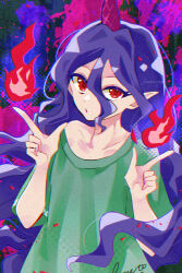  1girl :o collarbone commentary_request double_l fire green_shirt hair_between_eyes highres horns katsuragi_atori l_hand long_hair long_hair_between_eyes looking_at_viewer parted_lips pointy_ears purple_hair purple_horns pyrokinesis red_eyes shirt short_sleeves single_bare_shoulder single_horn single_off_shoulder solo splatter_background t-shirt tenkajin_chiyari touhou twitter_username very_long_hair 