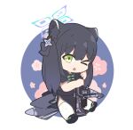  &gt;_o 1girl animal_ear_fluff animal_ears bangs black_dress black_footwear black_hair blue_archive blue_background chibi china_dress chinese_clothes commentary_request dress floral_background full_body green_eyes gun hair_between_eyes halo holding holding_gun holding_weapon long_hair nyaru_(nyaru_4126) one_eye_closed open_mouth pelvic_curtain round_image shoe_soles shoes short_sleeves shun_(blue_archive) shun_(small)_(blue_archive) sitting solo thigh-highs twintails two-tone_background weapon weapon_request white_background white_legwear 