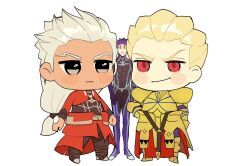  3boys archer_(fate) armor armored_boots belt black_bodysuit blonde_hair blue_bodysuit blush_stickers bodysuit boots breastplate brown_belt cape closed_eyes closed_mouth covered_abs covered_pectorals cu_chulainn_(fate) cu_chulainn_(fate/extra) dark-skinned_male dark_skin earrings empty_eyes fate/extra fate/extra_ccc fate_(series) faulds full_armor full_body gilgamesh_(fate) gold_armor grey_eyes grey_hair hair_tubes hand_on_own_hip highres jacket jewelry long_hair long_sleeves looking_at_another low-tied_long_hair low_ponytail male_focus multicolored_bodysuit multiple_boys muscular muscular_male open_clothes open_jacket pauldrons pectorals pelvic_curtain ponytail purple_hair red_cape red_eyes red_jacket ryousuke_(tukr5384) short_hair shoulder_armor single_hair_tube smile spiky_hair standing teeth two-tone_bodysuit v-shaped_eyebrows white_belt 