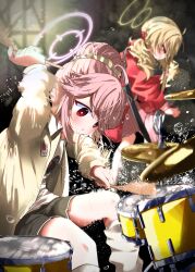  2girls absurdres arm_up black_skirt blonde_hair blue_archive blurry blurry_background brown_jacket commentary_request depth_of_field drum drum_set drumsticks electric_guitar grey_socks guitar hair_bun hair_over_one_eye halo highres holding holding_drumsticks holding_instrument instrument jacket long_hair loose_socks low_twintails mugichoko_(mugi_no_choko) multiple_girls natsu_(band)_(blue_archive) natsu_(blue_archive) open_clothes open_jacket parted_lips pink_hair pink_skirt pleated_skirt red_eyes red_jacket shirt skirt smear_frame socks solo_focus twintails white_shirt yoshimi_(band)_(blue_archive) yoshimi_(blue_archive) 