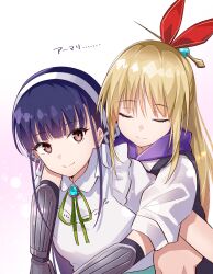  2girls blonde_hair blue_hair blunt_bangs carrying closed_eyes closed_mouth collared_shirt commentary green_ribbon hair_ornament hair_ribbon hair_stick hairband heaven_burns_red highres kanzaki_adelheid long_hair looking_at_viewer multiple_girls neck_ribbon piggyback ponytail red_eyes red_ribbon ribbon rrtp satsuki_mari shirt sidelocks simple_background smile translated white_background white_hairband white_shirt 