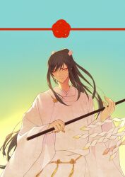  1boy black_hair eyeliner fingernails gohei gradient_background hair_ribbon holding holding_gohei japanese_clothes kariginu kimono long_fingernails long_hair long_sleeves looking_at_viewer makeup male_focus masami_(souzou_jinsei_sanka) ponytail red_eyeliner ribbon shide sidelocks solo tarou_tachi touken_ranbu white_kimono white_ribbon wide_sleeves yellow_eyes yellow_nails 