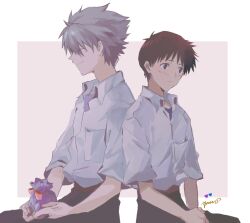  2boys back-to-back black_hair black_pants blue_shirt breast_pocket closed_mouth collared_shirt commentary grey_hair heart height_difference highres holding holding_sack ikari_shinji light_blush male_focus multiple_boys nagisa_kaworu neon_genesis_evangelion pants pocket purple_shirt sack shirt shirt_tucked_in short_hair short_sleeves signature sitting smile symbol-only_commentary undershirt white_shirt yorumi1117 