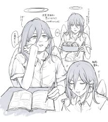  1boy alternate_costume angel_devil_(chainsaw_man) angel_wings bento buttons chainsaw_man chopsticks closed_eyes collared_shirt commentary_request cropped_torso desk drooling greyscale hair_between_eyes halo highres holding holding_bento holding_chopsticks holding_pen male_focus monochrome multiple_views no_halo notebook open_collar pen rigeshita school_desk shirt simple_background sitting white_background wings 