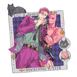  1boy 1other argyle_clothes argyle_necktie arrow_(jojo) belt belt_buckle black_cat buckle cat character_name closed_mouth commentary_request diamond_wa_kudakenai holding_hands jacket jewelry jojo_no_kimyou_na_bouken killer_queen kira_yoshikage lapels nail_polish necktie open_clothes open_jacket pants pink_eyes pink_nails pinstripe_pattern pinstripe_shirt purple_hair purple_pants purple_suit ring severed_hand shirt shirt_tucked_in short_hair stand_(jojo) starshadowmagician stray_cat_(jojo) suit suit_jacket 