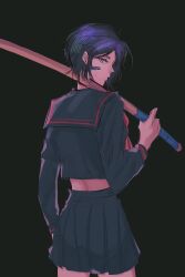  1girl almightybuttcheeks bandaid bandaid_on_cheek bandaid_on_face black_hair black_serafuku bleach bokken commentary cowboy_shot from_behind highres holding holding_weapon kuchiki_rukia looking_back miniskirt pleated_skirt school_uniform serafuku short_hair skirt solo sword violet_eyes weapon wooden_sword 