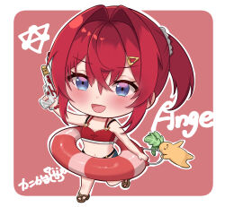  1girl :3 :d absurdres alternate_costume ange_katrina artist_name baby_mn9 bare_arms bead_bracelet beads bikini blue_eyes blush border bracelet brown_sandals character_name chibi chibi_only commentary_request crossed_bangs flat_chest gradient_eyes hair_between_eyes hair_intakes hair_ornament hairclip hand_up highres holding holding_swim_ring holding_water_gun jewelry lifebuoy looking_ahead mandragora mandragora_(ange_katrina) multi-strapped_bikini_top multicolored_eyes nail_polish nijisanji outline outside_border pink_eyes ponytail red_background red_bikini red_hair red_nails running sandals sidelocks smile solo_focus swim_ring swimsuit virtual_youtuber water_gun white_border white_outline 