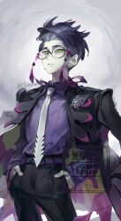  1boy black_coat black_pants coat collared_shirt corbeau_(pokemon) cowboy_shot firstsun_d glasses hands_in_pockets highres lapels long_sleeves looking_at_viewer male_focus necktie pants parted_hair parted_lips pokemon pokemon_legends:_z-a purple_hair purple_shirt round_eyewear shirt shirt_tucked_in short_hair solo standing tassel twitter_username two-sided_coat two-sided_fabric watermark white_necktie wing_collar yellow_eyes 