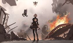  1girl 2b_(nier:automata) back_cutout black_boots black_dress black_gloves boots clothing_cutout commentary_request distillation_column dress embers facing_away facing_up feather-trimmed_sleeves fire from_behind gloves grey_hair high_heel_boots high_heels highres juliet_sleeves katana long_sleeves nekoyana nier:automata nier_(series) pod_(nier:automata) puffy_sleeves rubble short_hair smoke sword thigh_boots twitter_username virtuous_contract weapon wreckage 