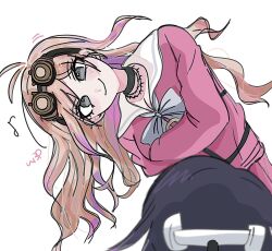  1boy 1girl antenna_hair blonde_hair bow bowtie commentary_request danganronpa_(series) danganronpa_v3:_killing_harmony goggles goggles_on_head grey_bow grey_bowtie grey_eyes highres iruma_miu leaning_to_the_side long_hair looking_at_another multicolored_hair o-ring oma_kokichi pink_shirt pink_skirt pleated_skirt ranz_012 sailor_collar shirt simple_background skirt smile solo_focus upper_body white_background white_sailor_collar 
