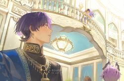  1girl 3boys against_railing alternate_costume black_hair black_horns black_shirt blank_eyes blue_necktie blunt_bangs blunt_ends brown_hair candle candlestand chandelier collared_shirt colored_inner_hair contemporary dragon_horns dress dress_shirt durin_(genshin_impact) earrings eyelashes eyeliner flower formal_clothes frilled_dress frills genshin_impact gold_earrings grey_jacket hair_flower hair_ornament happy highres horns indoors jacket jewelry jlypih lapels long_hair looking_at_another looking_down looking_up magatama makeup mandarin_collar multicolored_hair multiple_boys necktie oc_x_canon open_hands open_mouth original outstretched_arms plant purple_hair purple_horns railing red_eyeliner red_hair scaramouche_(genshin_impact) shirt short_sleeves streaked_hair suit_jacket twitter_username two-sided_horns undershirt violet_eyes white_dress white_flower white_hair white_mouth white_shirt white_sleeves wing_collar 