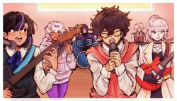  2boys 4girls albina_(project_moon) alternate_universe araya_(project_moon) ascot band_(music) black_dress black_eyes black_gloves black_hair black_vest blue_ascot blue_robe blue_streaks bow closed_eyes coat collared_shirt dress drum drum_set fingerless_gloves fishnet_top fishnets gloves guitar hair_bow hair_over_one_eye heterochromia highres hood hoodie instrument jacket keyboard_(instrument) kira_(project_moon) krauuu003 limbus_company long_hair lucio_(project_moon) messy_hair microphone multiple_boys multiple_girls necktie one_eye_closed ponytail project_moon purple_bow red_jacket red_vest ren_(project_moon) robe school_uniform shirt short_hair sora_(project_moon) vest violet_eyes white_coat white_hair white_hoodie white_shirt 