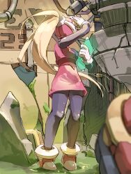  1boy 1girl absurdres black_bodysuit blonde_hair blurry blurry_foreground bodysuit ciel_(mega_man) commentary_request full_body highres long_hair mega_man_(series) mega_man_zero_(series) omochi_(mochi_skymega) pink_shirt pink_skirt shirt skirt solo_focus zero(z)_(mega_man) zero_(mega_man) 