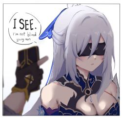 absurdres black_gloves blindfold blue_dress caelus_(honkai:_star_rail) cleavage dress gloves grey_hair high_ponytail highres holding holding_phone honkai:_star_rail honkai_(series) huge_moon jingliu_(honkai:_star_rail) meme moon naykainaw phone photoshop_(medium) ponytail trailblazer_(honkai:_star_rail)