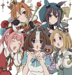  5girls :d ;) @_@ admire_vega_(umamusume) ahoge alice's_adventures_in_wonderland alice_(alice_in_wonderland) alice_(alice_in_wonderland)_(cosplay) alternate_hair_color animal_ears black_gloves black_hair blonde_hair blue_bow blue_bowtie blue_flower blue_hairband blue_rose blush bow bowtie breasts brown_hair brown_ribbon caterpillar_(alice_in_wonderland) caterpillar_(alice_in_wonderland)_(cosplay) commentary_request cosplay ear_covers flower gloves green_jacket hairband haru_urara_(umamusume) highres holding holding_pocket_watch holding_staff holding_teapot horse_ears horse_girl jacket large_breasts long_hair mad_hatter_(alice_in_wonderland) mad_hatter_(alice_in_wonderland)_(cosplay) meisho_doto_(umamusume) multiple_girls narita_top_road_(umamusume) neck_ribbon one_eye_closed orange_eyes orange_hair pink_hair pocket_watch ponytail puffy_short_sleeves puffy_sleeves queen_of_hearts_(alice_in_wonderland) queen_of_hearts_(alice_in_wonderland)_(cosplay) red_eyes red_flower red_rose ribbon rose short_hair short_sleeves single_ear_cover smile staff t.m._opera_o_(umamusume) teapot umamusume usako_(umauma0602) violet_eyes watch white_gloves white_hair white_hairband white_rabbit_(alice_in_wonderland) white_rabbit_(alice_in_wonderland)_(cosplay) 