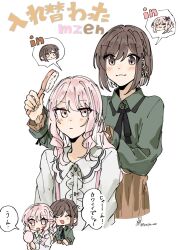  1girl 1other akiyama_mizuki androgynous bob_cut braid brown_eyes brown_hair buttons closed_mouth collared_shirt commentary_request fingernails green_shirt hair_brush hand_mirror highres holding holding_hair_brush long_hair long_sleeves mirror open_mouth pink_eyes pink_hair project_sekai shinonome_ena shirt short_hair sidelocks single_braid smile speech_bubble tenpe_ee translation_request twitter_username tying_another's_hair white_background 
