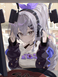  1girl black_jacket braid braided_sidelock breasts chyanu crossed_bangs drill_hair drill_ponytail grey_eyes grey_hair hands_up headphones highres honkai:_star_rail honkai_(series) jacket listening_to_music long_hair looking_at_viewer medium_breasts record_store shirt shop silver_wolf_(honkai:_star_rail) silver_wolf_(samsung)_(honkai:_star_rail) single_drill solo upper_body vinyl_record white_shirt 