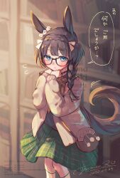  1girl animal_ears bag black-framed_eyewear black_hair blue_eyes blush book bookshelf braid braided_ponytail brown_jacket commentary_request crown_braid ear_ornament glasses green_skirt grey_shirt highres holding holding_book horse_ears horse_girl horse_tail jacket long_hair long_sleeves looking_at_viewer neckerchief parted_bangs prototype_design shirt shoulder_bag skirt solo speech_bubble tail umamusume y_kuroki yellow_neckerchief zenno_rob_roy_(umamusume) 