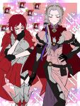  2girls armor armored_dress blush cape closed_eyes cosplay costume_switch covering_mouth crying edelgard_von_hresvelg fire_emblem fire_emblem:_three_houses fire_emblem_warriors:_three_hopes gameplay_mechanics gloves hairband hand_on_hip heart highres kusodekablack monica_von_ochs multiple_girls red_cape redhead smile so_moe_i&#039;m_gonna_die! spiked_hairband spikes streaming_tears sweatdrop tears white_hair yuri 