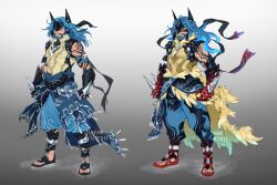  1boy alternate_form animal_ears arm_tattoo armlet armor baggy_pants beard black_headband black_helmet black_mask black_sash blue_pants blue_sandals breastplate cape chinstrap_beard eye_mask facial_hair fake_animal_ears faulds fur-trimmed_armor fur-trimmed_cape fur_trim gauntlets grey_background headband helmet highres jewelry jimboartso loincloth long_sideburns lucario male_focus mask mature_male medium_hair mega_lucario original pants personification pointy_ears pokemon red_sandals sandals sash shoulder_armor side-by-side sideburns spiked_armlet spiked_armor spikes tattoo toned toned_male waist_cape wind 
