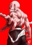 1boy absurdres back bald beard dragon_ball facial_hair highres liedein male_focus muscular muscular_male muten_roushi old old_man red_background serious solo