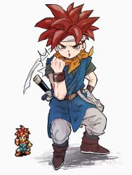  1boy amakekke blue_tunic boots brown_boots chrono_trigger clenched_hand commentary_request crono_(chrono_trigger) full_body furrowed_brow green_eyes hand_on_own_hip headband highres looking_at_viewer male_focus neckerchief orange_neckerchief pants parted_lips pixel_art_inset posing red_hair short_hair solo spiky_hair sword tunic weapon white_background white_headband white_pants 