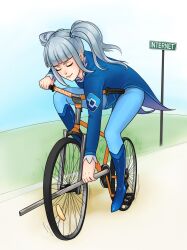  1girl amazon_(company) artist_request bicycle blue_coat blue_hair blue_pants blunt_bangs closed_eyes closed_mouth coat full_body highres imminent_fall imminent_injury leaning_forward long_hair long_sleeves outdoors pants riding riding_bicycle rkn-chan roskomnadzor simple_background smile solo twintails 