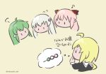  4girls =3 ahoge amano_soraha assault_lily bangs blonde_hair chibi color_coordination commentary_request cropped_torso dango egawa_kusumi eighth_note endou_araya finger_to_own_chin flower flying_sweatdrops food green_hair grey_hair hair_flower hair_ornament hairpods hand_up highres kabayaki_(kabayaki_eel) long_hair looking_at_another looking_away low_ponytail multiple_girls musical_note no_mouth pink_hair ponytail sanshoku_dango school_uniform simple_background solid_oval_eyes spoken_object tanaka_ichi thinking thought_bubble translated twitter_username v-shaped_eyebrows wagashi yellow_background yurigaoka_girls_academy_school_uniform 