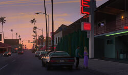  1boy 1girl black_hair blonde_hair blue_sky box_truck building car clouds cloudy_sky commentary dark_skin english_commentary gradient_sky green_light highres lamppost motor_vehicle neon_sign orange_sky original outdoors painterly palm_tree raphael-lacoste road road_sign scenery sidewalk sign signature sky street street_address sunset tree truck very_dark_skin window 