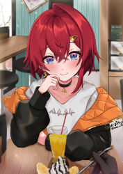  absurdres ange_katrina ange_katrina_(casual) arm_rest artist_name baby_mn9 black_choker black_jacket blue_eyes blurry blurry_background blush cafe choker closed_mouth commentary_request crossed_bangs cup depth_of_field drinking_glass drinking_straw earrings elbow_rest food gold_earrings gradient_eyes hair_between_eyes hair_ornament hairclip hand_up highres hyakumantenbara_salome hyakumantenbara_salome_(1st_costume) ice_cream indoors jacket jewelry long_sleeves looking_at_viewer medium_hair multicolored_eyes nijisanji off_shoulder orange_jacket out_of_frame pendant_choker pink_eyes pov pov_across_table pov_hands puffy_long_sleeves puffy_sleeves quilted_jacket red_hair shirt single_earring single_hair_intake single_sidelock smile sundae t-shirt table triangle_earrings twitter_username two-sided_fabric two-sided_jacket virtual_youtuber white_shirt wooden_table 