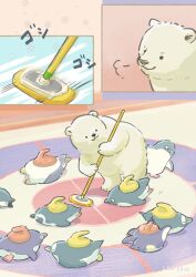  absurdres animal animal_focus bear bird broom commentary curling_broom curling_stone highres holding holding_broom no_humans original penguin polar_bear symbol-only_commentary tasoema416 