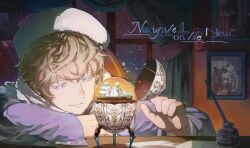  1boy axis_powers_hetalia belarus_(hetalia) blonde_hair blue_sky book bookshelf bright_pupils bush buttons calligraphy_brush chair closed_mouth coat commission curtains english_text fingernails fur_hat fur_scarf gradient_sky hair_between_eyes half-closed_eyes hand_up hat highres indoors ink long_sleeves looking_at_object male_focus mixed-language_commentary night official_alternate_costume on_chair paintbrush paper photo_(object) pine_tree purple_coat purple_sky russia_(hetalia) scarf shadow short_hair sitting sky smile snowing snowman solo table tree ukraine_(hetalia) upper_body ursa_sunflower violet_eyes white_hat white_pupils white_scarf window winter 